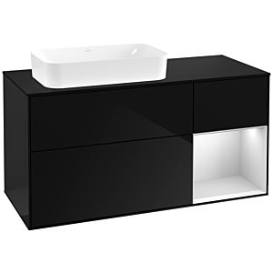 Villeroy und Boch Finion Waschtischunterschrank F282MTPH 120cm, Abdeckplatte black matt, Regal rechts White matt lacquer, Glossy Black Lacquer