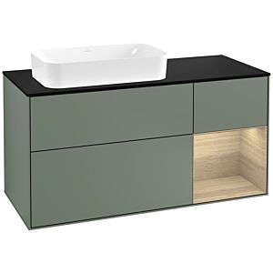 Villeroy und Boch Finion Waschtischunterschrank F282PCGM 120cm, Abdeckplatte black matt, Regal rechts Oak Veneer, Olive Matt Lacquer