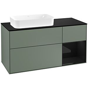 Villeroy und Boch Finion Waschtischunterschrank F282PHGM 120cm, Abdeckplatte black matt, Regal rechts Glossy Black Lacquer, Olive Matt Lacquer