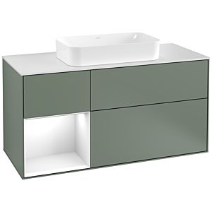 Villeroy et Boch Finion Villeroy et Boch F291GFGM 120cm, plaque de finition blanc mat, étagère gauche laqué blanc brillant, Olive Matt Lacquer