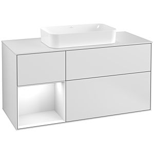 Villeroy et Boch Finion Villeroy et Boch F291GFMT 120cm, plaque de recouvrement blanc mat, étagère gauche laqué blanc brillant, laqué blanc mat
