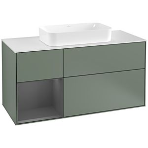 Villeroy und Boch Finion Waschtischunterschrank F291GKGM 120cm, Abdeckplatte white matt, Regal links Anthracite matt, Olive Matt Lacquer