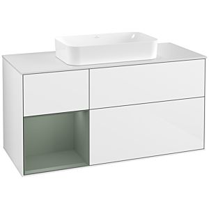 Villeroy und Boch Finion Waschtischunterschrank F291GMGF 120cm, Abdeckplatte white matt, Regal links Olive Matt Lacquer, Glossy white lacquer