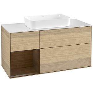 Villeroy und Boch Finion Waschtischunterschrank F291GNPC 120cm, Abdeckplatte white matt, Regal links Walnut veneer, Oak Veneer