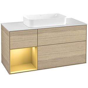 Villeroy und Boch Finion Waschtischunterschrank F291HFPC 120cm, Abdeckplatte white matt, Regal links Gold matt, Oak Veneer