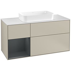 Villeroy und Boch Finion Waschtischunterschrank F291HGHH 120cm, Abdeckplatte white matt, Regal links Midnight Blue Matt Lacquer, Sand Matt Lacquer