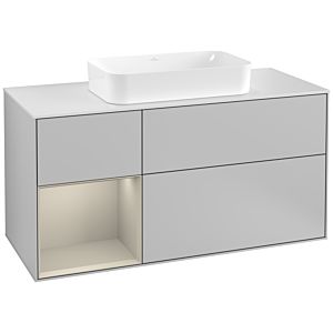 Villeroy und Boch Finion Waschtischunterschrank F291HHGJ 120cm, Abdeckplatte white matt, Regal links Sand Matt Lacquer, Light grey matt