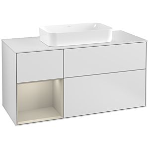 Villeroy und Boch Finion Waschtischunterschrank F291HHMT 120cm, Abdeckplatte white matt, Regal links Sand Matt Lacquer, White matt lacquer