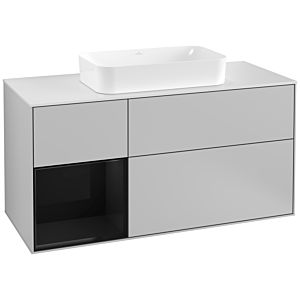 Villeroy und Boch Finion Waschtischunterschrank F291PHGJ 120cm, Abdeckplatte white matt, Regal links Glossy Black Lacquer, Light grey matt