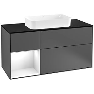 Villeroy und Boch Finion Waschtischunterschrank F292GFGK 120cm, Abdeckplatte black matt, Regal links Glossy white lacquer, Anthracite matt