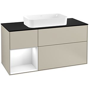 Villeroy und Boch Finion Waschtischunterschrank F292GFHH 120cm, Abdeckplatte black matt, Regal links Glossy white lacquer, Sand Matt Lacquer