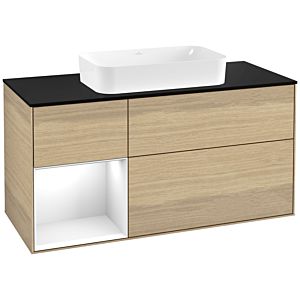 Villeroy und Boch Finion Waschtischunterschrank F292GFPC 120cm, Abdeckplatte black matt, Regal links Glossy white lacquer, Oak Veneer