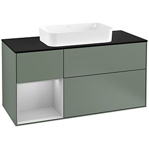 Villeroy und Boch Finion Waschtischunterschrank F292GJGM 120cm, Abdeckplatte black matt, Regal links Light grey matt, Olive Matt Lacquer