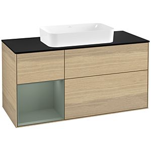 Villeroy und Boch Finion Waschtischunterschrank F292GMPC 120cm, Abdeckplatte black matt, Regal links Olive Matt Lacquer, Oak Veneer