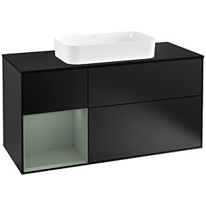 Villeroy und Boch Finion Waschtischunterschrank F292GMPD 120cm, Abdeckplatte black matt, Regal links Olive Matt Lacquer, Black matt lacquer
