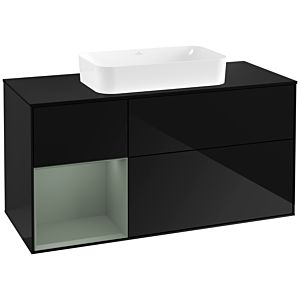 Villeroy und Boch Finion Waschtischunterschrank F292GMPH 120cm, Abdeckplatte black matt, Regal links Olive Matt Lacquer, Glossy Black Lacquer