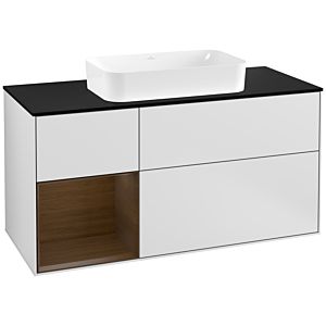 Villeroy et Boch Finion Villeroy et Boch F292GNMT 120cm, couvercle noir mat, étagère gauche placage noyer, blanc laqué mat