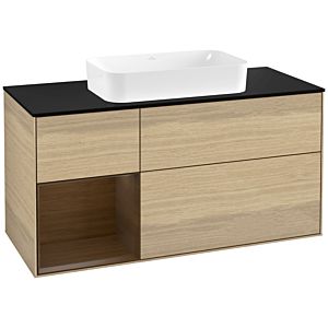 Villeroy und Boch Finion Waschtischunterschrank F292GNPC 120cm, Abdeckplatte black matt, Regal links Walnut veneer, Oak Veneer