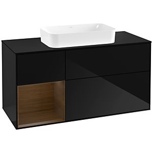 Villeroy und Boch Finion Waschtischunterschrank F292GNPH 120cm, Abdeckplatte black matt, Regal links Walnut veneer, Glossy Black Lacquer