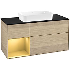 Villeroy und Boch Finion Waschtischunterschrank F292HFPC 120cm, Abdeckplatte black matt, Regal links Gold matt, Oak Veneer