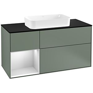 Villeroy und Boch Finion Waschtischunterschrank F292MTGM 120cm, Abdeckplatte black matt, Regal links White matt lacquer, Olive Matt Lacquer