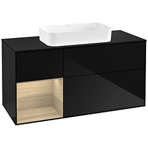 Villeroy und Boch Finion Waschtischunterschrank F292PCPH 120cm, Abdeckplatte black matt, Regal links Oak Veneer, Glossy Black Lacquer