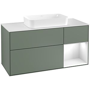 Villeroy et Boch Finion Villeroy et Boch F301GFGM 120cm, plaque de finition blanc mat, étagère à droite laqué blanc brillant, Olive Matt Lacquer