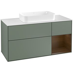 Villeroy et Boch Finion Villeroy et Boch F301GNGM 120cm, plaque de finition blanc mat, étagère droite placage noyer, Olive Matt Lacquer