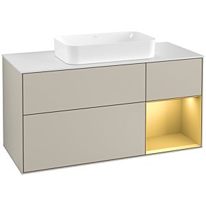 Villeroy und Boch Finion Waschtischunterschrank F301HFHH 120cm, Abdeckplatte white matt, Regal rechts Gold matt, Sand Matt Lacquer