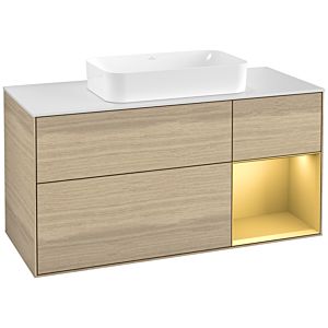 Villeroy und Boch Finion Waschtischunterschrank F301HFPC 120cm, Abdeckplatte white matt, Regal rechts Gold matt, Oak Veneer
