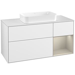 Villeroy und Boch Finion Waschtischunterschrank F301HHGF 120cm, Abdeckplatte white matt, Regal rechts Sand Matt, Glossy white lacquer