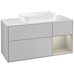 Villeroy und Boch Finion Waschtischunterschrank F301HHGJ 120cm, Abdeckplatte white matt, Regal rechts Sand Matt, Light grey matt