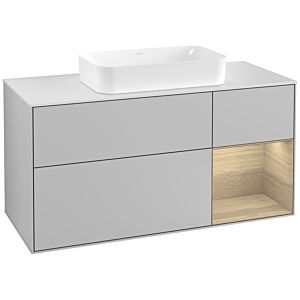 Villeroy und Boch Finion Waschtischunterschrank F301PCGJ 120cm, Abdeckplatte white matt, Regal rechts Oak Veneer, Light grey matt