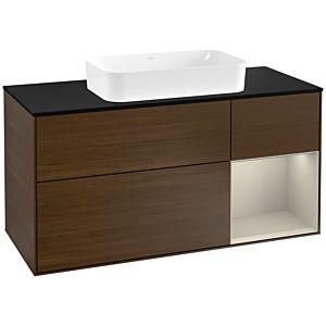 Villeroy und Boch Finion Waschtischunterschrank F302HHGN 120cm, Abdeckplatte black matt, Regal rechts Sand Matt, Walnut veneer