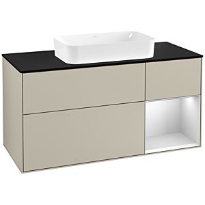 Villeroy und Boch Finion Waschtischunterschrank F302MTHH 120cm, Abdeckplatte black matt, Regal rechts White matt lacquer, Sand Matt Lacquer