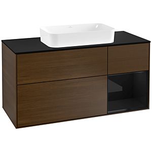 Villeroy und Boch Finion Waschtischunterschrank F302PHGN 120cm, Abdeckplatte black matt, Regal rechts Glossy Black Lacquer, Walnut veneer