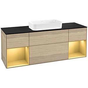 Villeroy und Boch Finion Waschtischunterschrank F332HFPC 160x60,3cm, Abdeckplatte black matt, Regale Gold matt lacquer, Oak Veneer