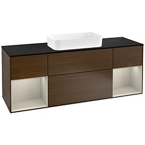 Villeroy und Boch Finion Waschtischunterschrank F332HHGN 160x60,3cm, Abdeckplatte black matt, Regale sand matt lacquer, Walnut veneer