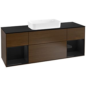 Villeroy und Boch Finion Waschtischunterschrank F332PHGN 160x60,3cm, Abdeckplatte black matt, Regale Glossy black lacquer, Walnut veneer