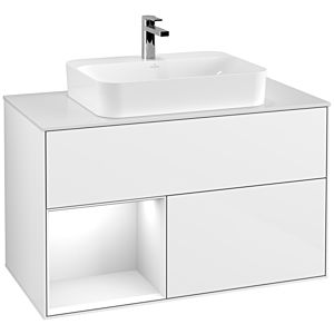 Villeroy und Boch Finion Waschtischunterschrank F361GFGF 100cm, Abdeckplatte white matt, Regal links Glossy white lacquer, Glossy white lacquer