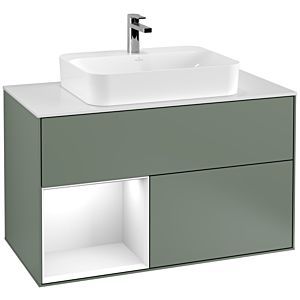 Villeroy und Boch Finion Waschtischunterschrank F361GFGM 100cm, Abdeckplatte white matt, Regal links Glossy white lacquer, Olive Matt Lacquer