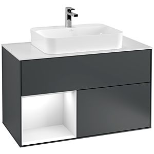 Villeroy und Boch Finion Waschtischunterschrank F361GFHG 100cm, Abdeckplatte white matt, Regal links Glossy white lacquer, Midnight Blue Matt Lacquer