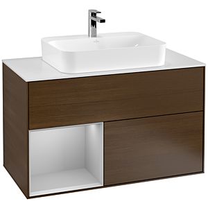 Villeroy und Boch Finion Waschtischunterschrank F361GJGN 100cm, Abdeckplatte white matt, Regal links Light grey matt, Walnut veneer