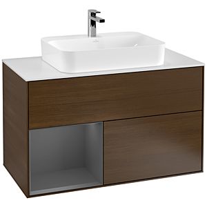 Villeroy und Boch Finion Waschtischunterschrank F361GKGN 100cm, Abdeckplatte white matt, Regal links Anthracite matt, Walnut veneer