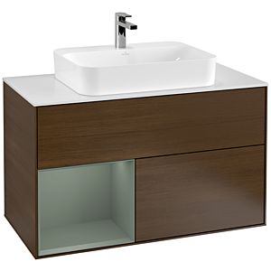 Villeroy und Boch Finion Waschtischunterschrank F361GMGN 100cm, Abdeckplatte white matt, Regal links Olive Matt Lacquer, Walnut veneer