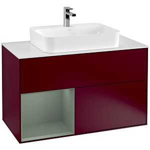 Villeroy und Boch Finion Waschtischunterschrank F361GMHB 100cm, Abdeckplatte white matt, Regal links Olive Matt Lacquer, Peony Matt