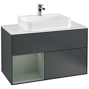 Villeroy und Boch Finion Waschtischunterschrank F361GMHG 100cm, Abdeckplatte white matt, Regal links Olive Matt Lacquer, Midnight Blue Matt Lacquer