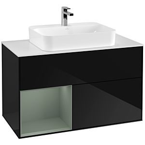 Villeroy und Boch Finion Waschtischunterschrank F361GMPH 100cm, Abdeckplatte white matt, Regal links Olive Matt Lacquer, Glossy Black Lacquer