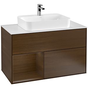 Villeroy und Boch Finion Waschtischunterschrank F361GNGN 100cm, Abdeckplatte white matt, Regal links Walnut veneer, Walnut veneer