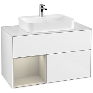 Villeroy und Boch Finion Waschtischunterschrank F361HHGF 100cm, Abdeckplatte white matt, Regal links Sand Matt Lacquer, Glossy white lacquer